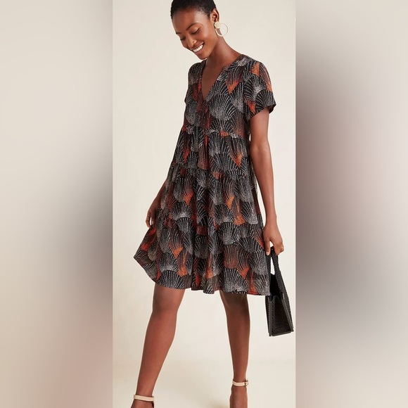 Anthropologie Maeve Tania Tiered Tunic Dress Red White Printed Small V Neck Boho - Picture 1 of 12